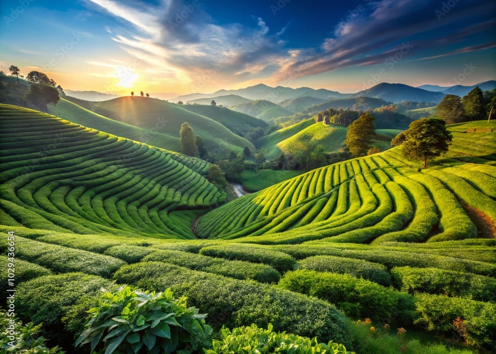 Lush Green Tea Plantation Landscape with Bushes and Rolling Hills for Tranquil Nature Photography Lush Green Tea Plantation Landscape with Bushes and Rolling Hills for Tranquil Nature Photography