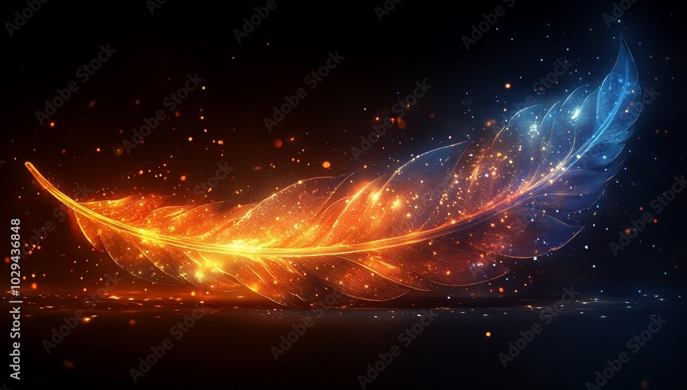 Fototapeta premium A vibrant, glowing feather with fiery orange and cool blue hues against a dark background.