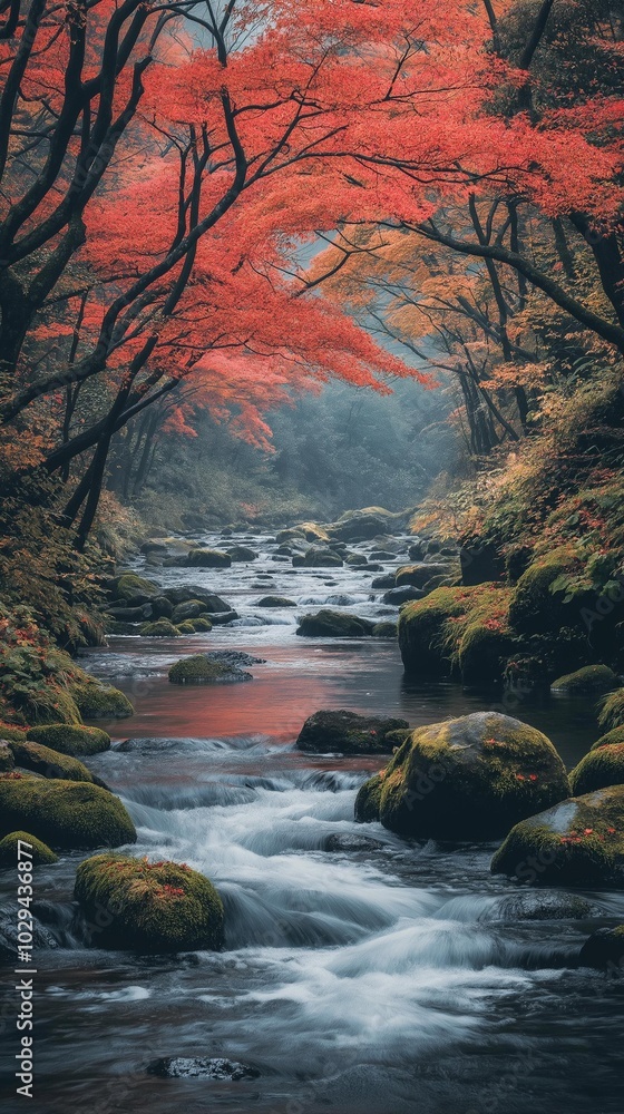 AI generator image of maple trees in autumn, beautiful leaves red color amidst streams and waterfalls, good weather, cool. AI generator image of maple trees in autumn, beautiful leaves red color amidst streams and waterfalls, good weather, cool.