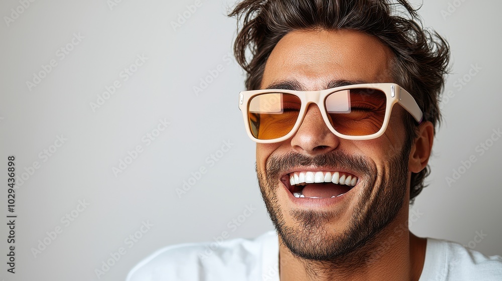 A smiling man with sunglasses and tousled hair enjoying a moment indoors during a sunny day A smiling man with sunglasses and tousled hair enjoying a moment indoors during a sunny day