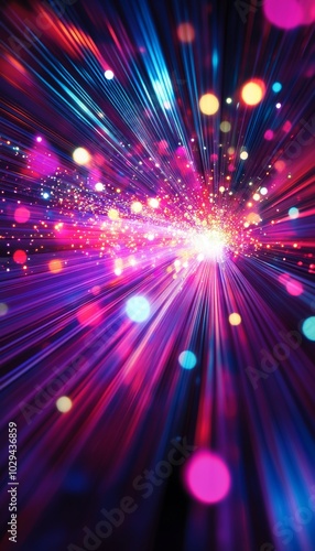 Abstract background with bright colorful lights and streaks radiating outwards.