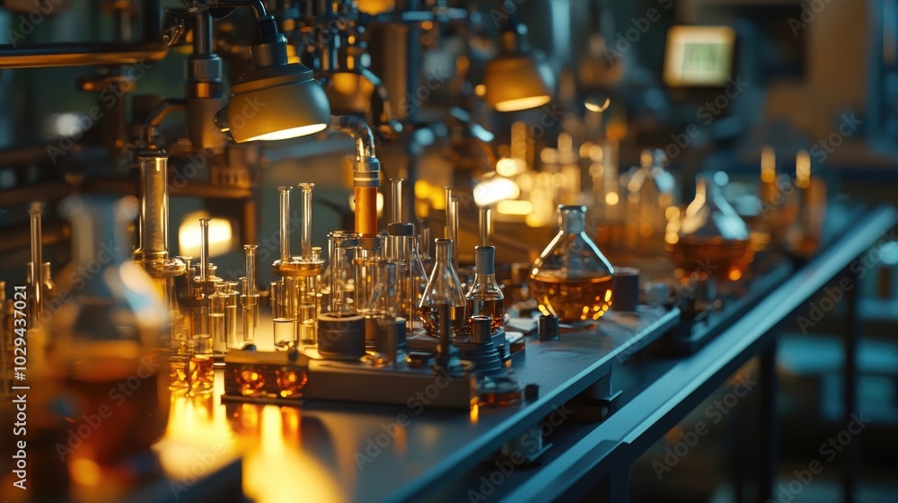 An array of scientific instruments lined up on a laboratory bench, gleaming under bright lights, An array of scientific instruments lined up on a laboratory bench, gleaming under bright lights,