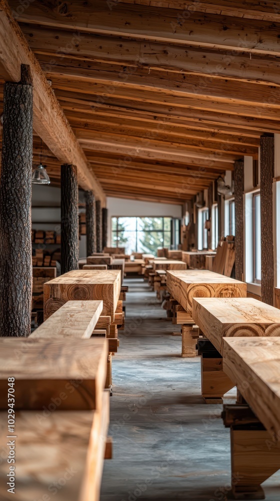 The interior of a wood processing plant featuring stacks of finished wood products, highlighting the manufacturing process, woodworking machinery, and ready-to-ship materials.. The interior of a wood processing plant featuring stacks of finished wood products, highlighting the manufacturing process, woodworking machinery, and ready-to-ship materials..