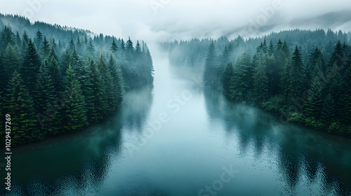 A tranquil river winding through a dense forest under a cloudy sky