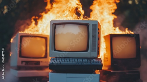 Wallpaper Mural Three retro computers engulfed in flames create a striking visual during an artistic event held outdoors. Smoke billows as the fiery display captivates onlookers under the summer sun Torontodigital.ca