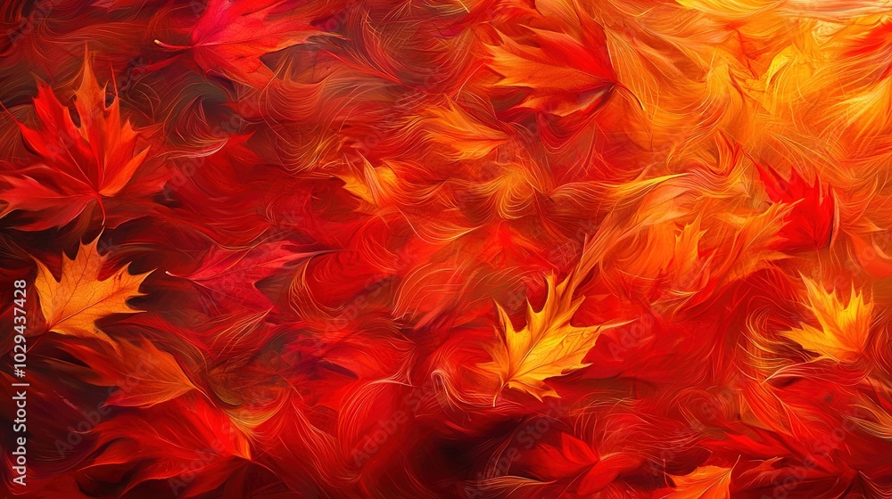 A painting depicts red, orange, and yellow leaves set against a black backdrop, featuring a hazy overlay of red and yellow foliage A painting depicts red, orange, and yellow leaves set against a black backdrop, featuring a hazy overlay of red and yellow foliage