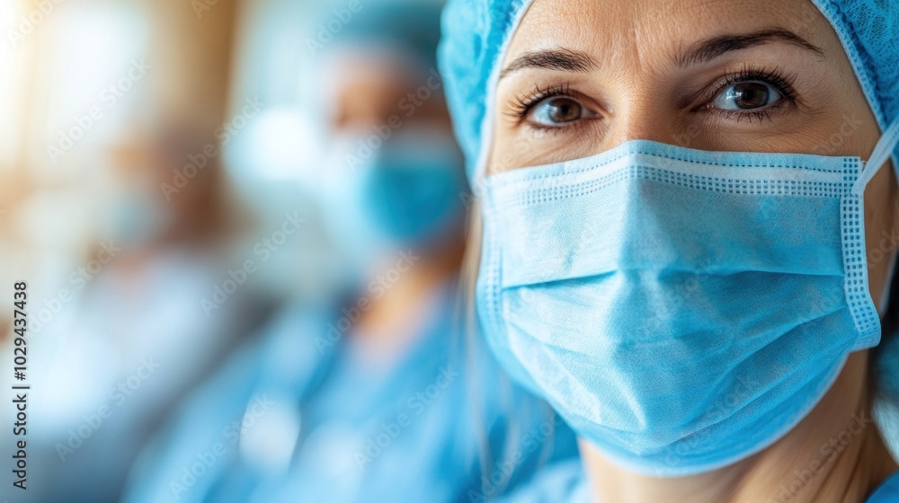 A focused healthcare worker in a surgical mask stands in a busy hospital, with blurred medical staff in the background highlighting the hectic environment A focused healthcare worker in a surgical mask stands in a busy hospital, with blurred medical staff in the background highlighting the hectic environment