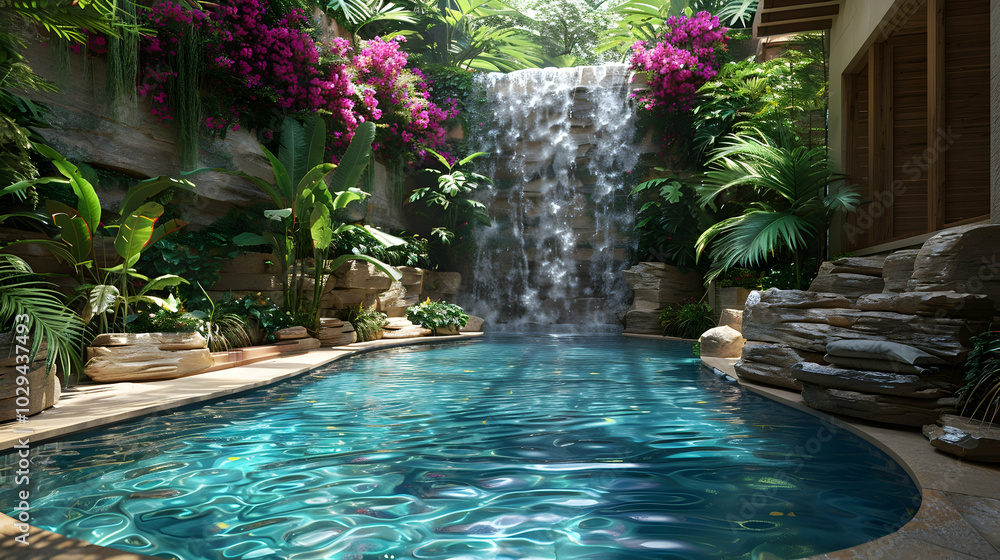 A tranquil waterfall cascading into a pool surrounded by lush vegetation A tranquil waterfall cascading into a pool surrounded by lush vegetation