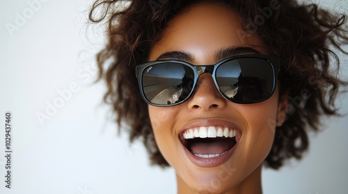 Smiling young woman wearing sunglasses enjoying a sunny day outdoors with a bright background