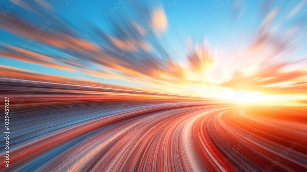 A mesmerizing sunset illuminates the sky with fiery hues, while colorful streaks of light depict a winding road, creating a sense of motion during a tranquil evening A mesmerizing sunset illuminates the sky with fiery hues, while colorful streaks of light depict a winding road, creating a sense of motion during a tranquil evening