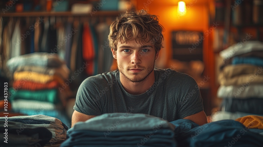 Man folding laundry in the living room, illustrating the never-ending household chores that are part of everyday life Man folding laundry in the living room, illustrating the never-ending household chores that are part of everyday life