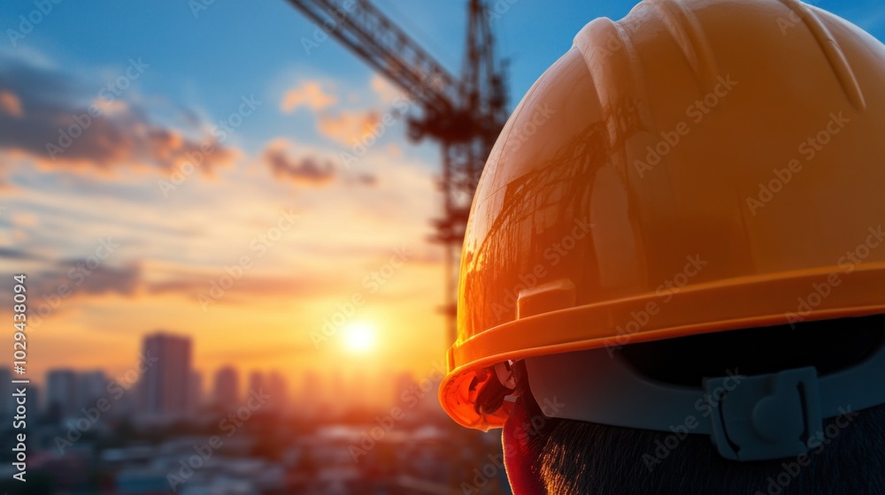 Fototapeta premium As the sun sets, a construction worker in a hard hat watches the vibrant colors fill the sky, with a crane towering over the urban landscape in the background