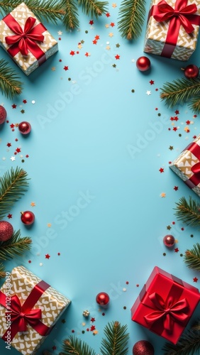 Colorful holiday gifts arranged with decorations on a bright blue background, creating a festive atmosphere for the season