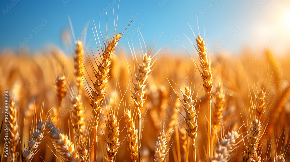 A vast field of golden wheat under a clear summer sky A vast field of golden wheat under a clear summer sky