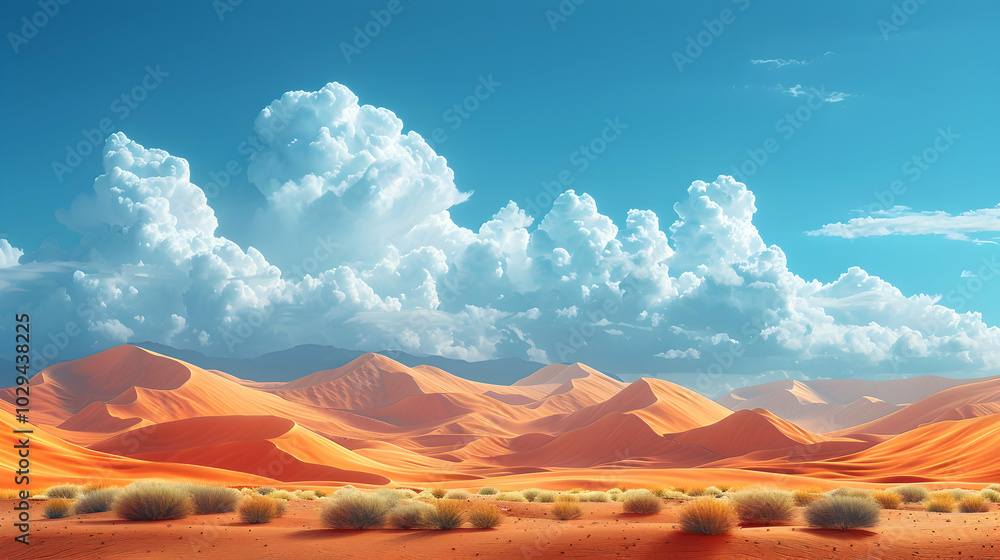 Naklejka premium A vast desert with rolling sand dunes under a bright blue sky