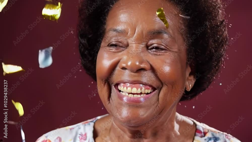 Smiling elderly African American woman with falling confetti, concept of celebration Smiling elderly African American woman with falling confetti, concept of celebration