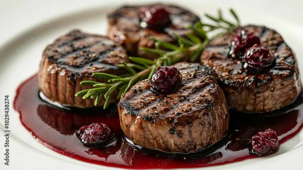 Grilled steak with berry sauce and rosemary on a white plate. Grilled steak with berry sauce and rosemary on a white plate.