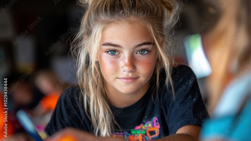 Fototapeta premium A young girl with blonde hair and striking blue eyes shows concentration as she engages in drawing during an art activity in a classroom filled with fellow students