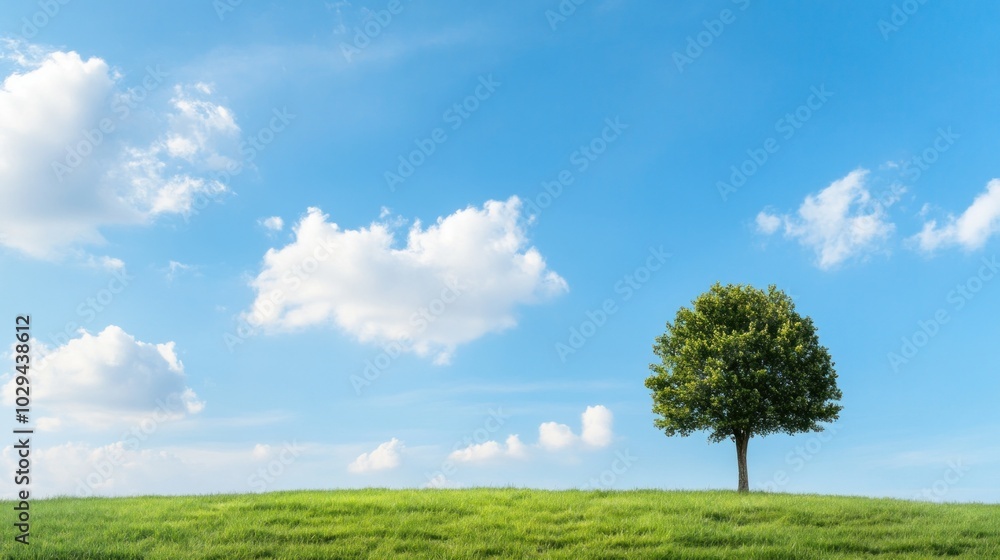 A single tree grows on a verdant hill, surrounded by a vibrant landscape under a clear blue sky filled with soft, white clouds, showcasing a peaceful day outdoors A single tree grows on a verdant hill, surrounded by a vibrant landscape under a clear blue sky filled with soft, white clouds, showcasing a peaceful day outdoors