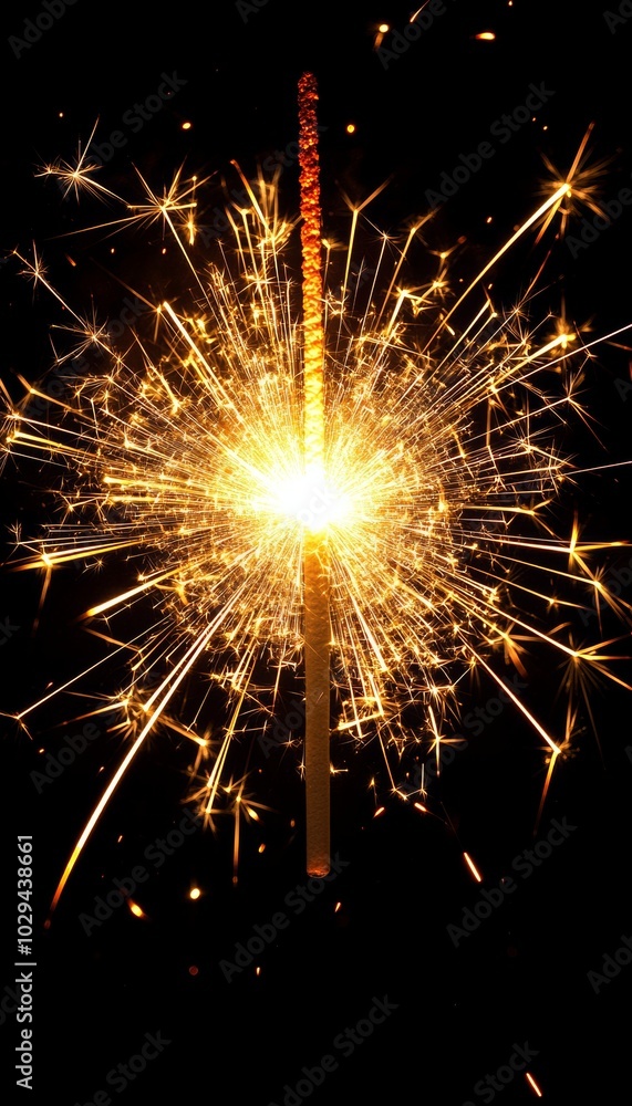 A single sparkler burns brightly against a black background, creating a dazzling display of light and sparks. A single sparkler burns brightly against a black background, creating a dazzling display of light and sparks.
