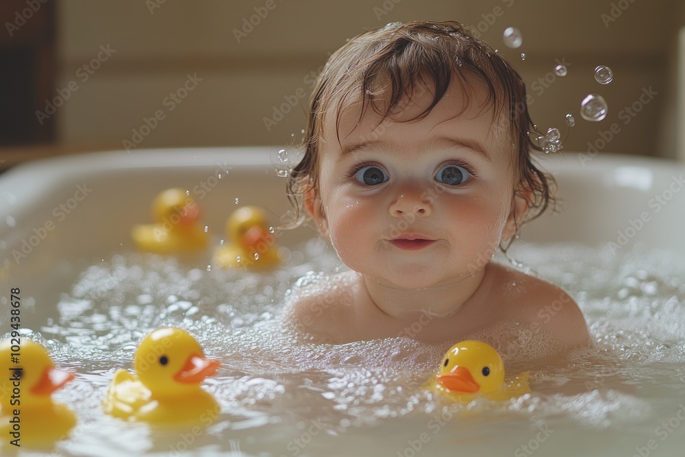 A joyful baby splashes in a bathtub surrounded by rubber ducks. A joyful baby splashes in a bathtub surrounded by rubber ducks.