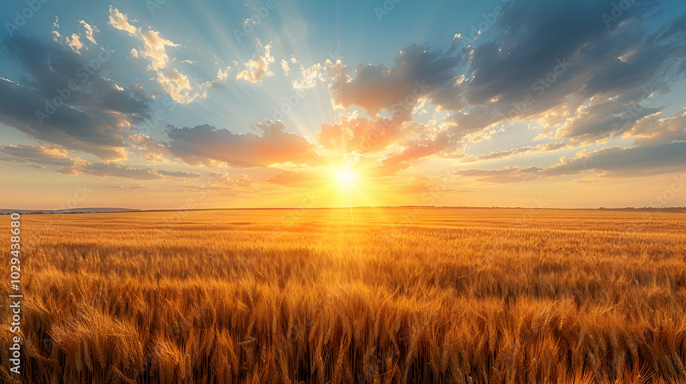 Fototapeta premium A vast field of golden wheat under a clear summer sky