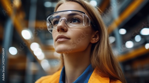 The young woman stands confidently in a warehouse, equipped with safety goggles and a bright jacket, keenly watching the bustling activity around her, ensuring safety and efficiency photo