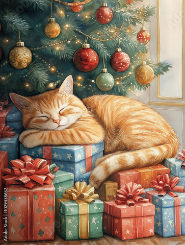 watercolor illustration of a sleeping ginger cat under the Christmas tree among the gift boxes