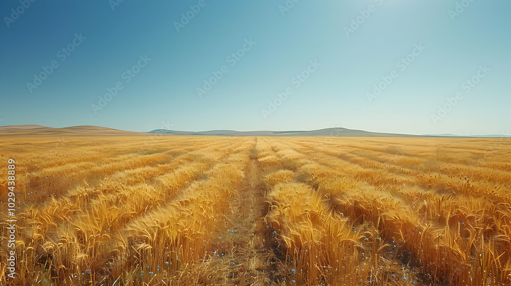 A vast field of golden wheat under a clear summer sky A vast field of golden wheat under a clear summer sky