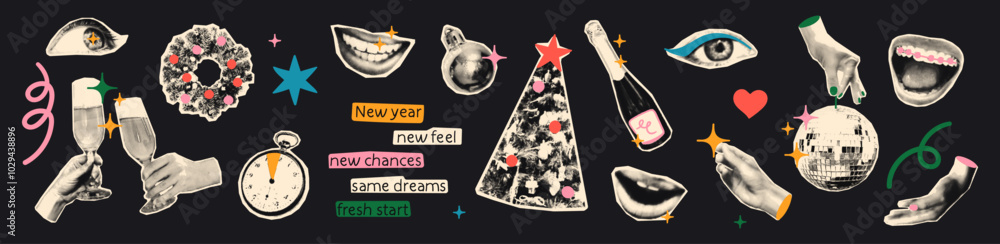 Fototapeta premium Christmas halftone art collage cut outs set. Various paper clipping shapes, New Year stickers with vintage dotted texture and doodles. Modern retro grunge mixed media vector illustration
