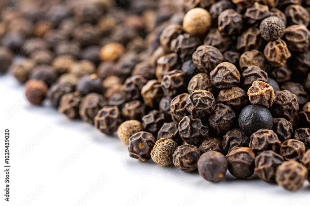 Scattered black ground pepper spice on white background Scattered black ground pepper spice on white background