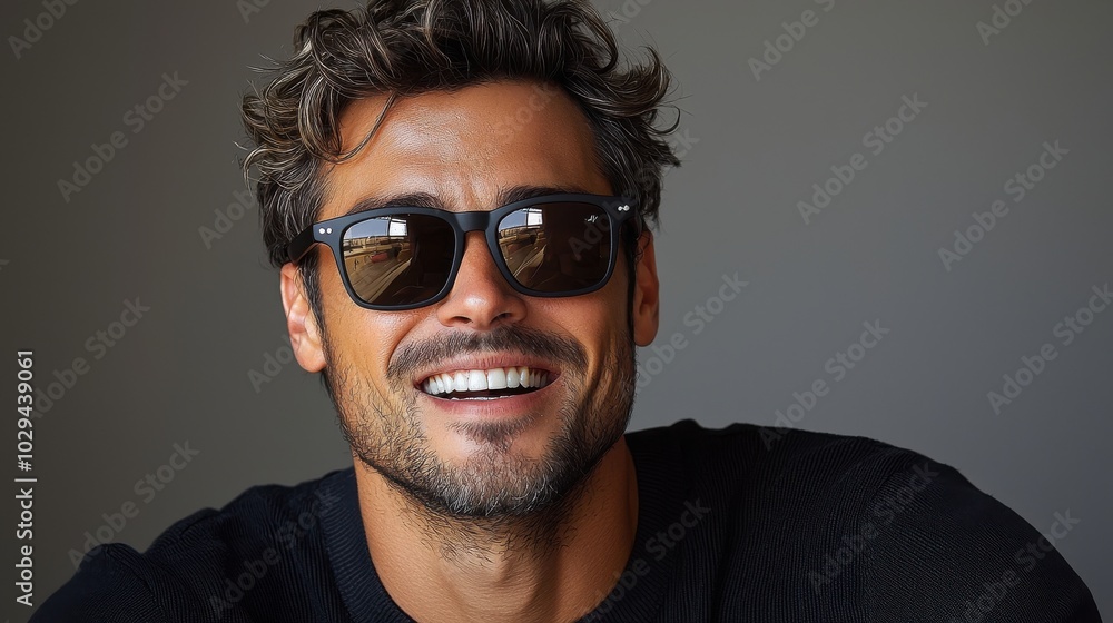 Fototapeta premium A smiling man with curly hair and sunglasses enjoys the sunlight while sitting indoors, capturing a relaxed moment in a casual setting