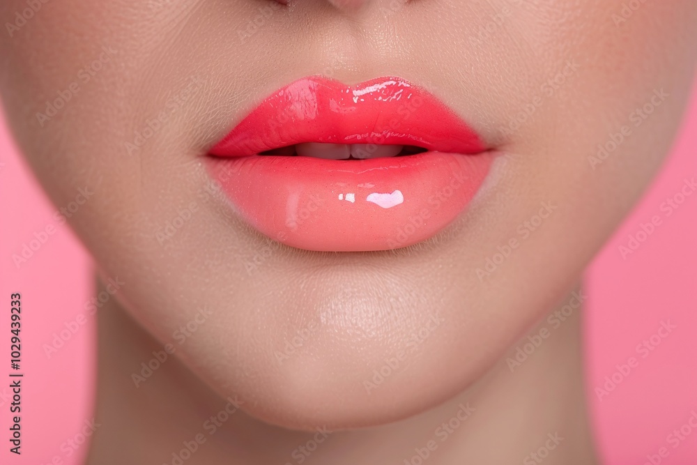 Naklejka premium Close-up of ombre glossy coral and pink lips against a bright pink background, emphasizing vibrant beauty visuals and makeup trends with minimalistic design and copy space for branding.