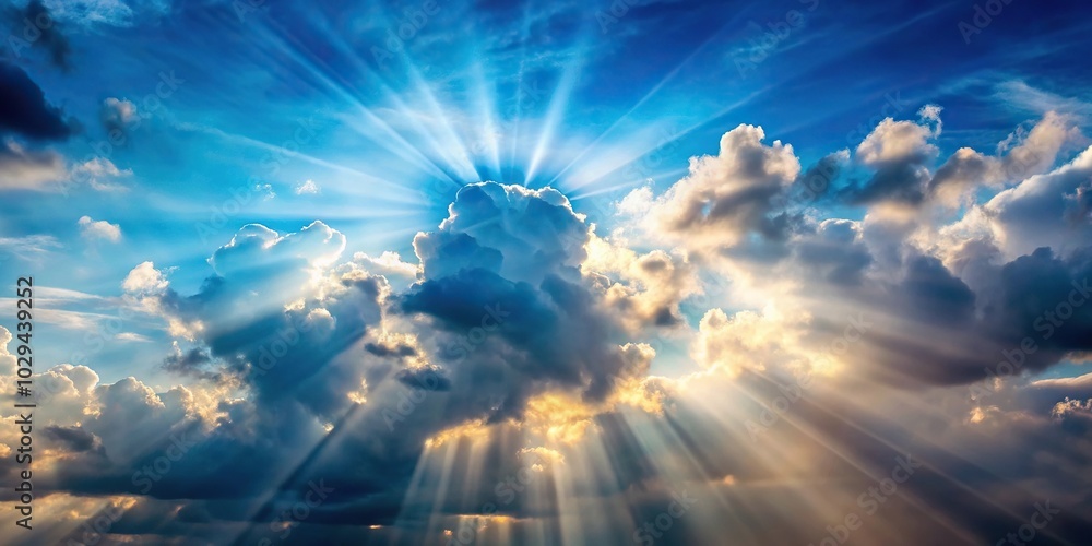 Scene of sunbeams breaking through clouds and reflecting off of a body of water Scene of sunbeams breaking through clouds and reflecting off of a body of water