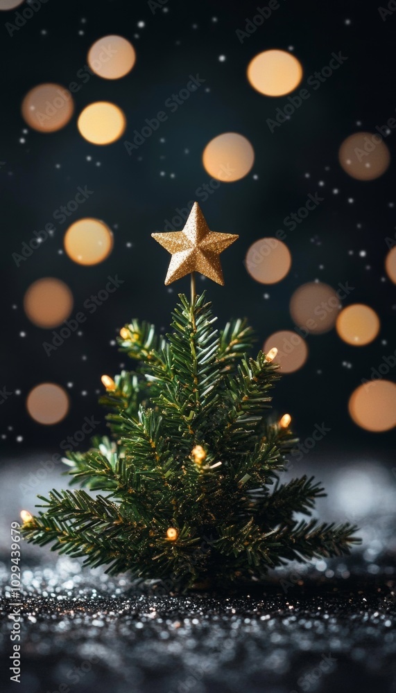 A small Christmas tree with a golden star on top, decorated with fairy lights, sits on a bed of shimmering glitter. A small Christmas tree with a golden star on top, decorated with fairy lights, sits on a bed of shimmering glitter.