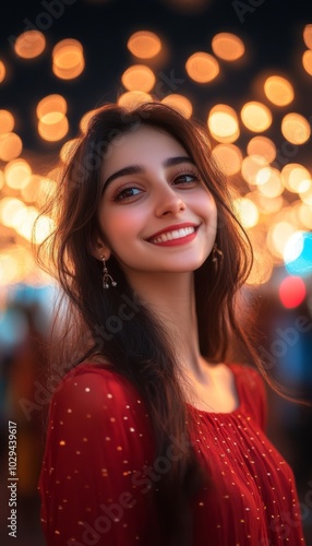 Young woman with long dark hair smiles brightly while standing in front of string lights.