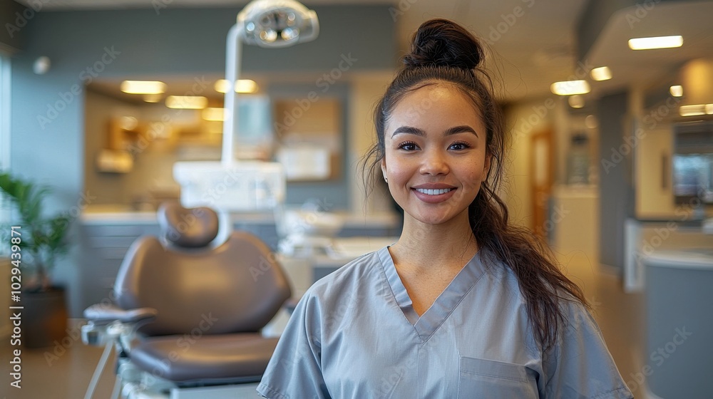 A smiling dental assistant in scrubs stands confidently in a modern dental clinic during a sunny day A smiling dental assistant in scrubs stands confidently in a modern dental clinic during a sunny day