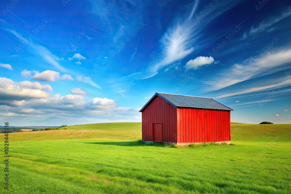Scenic landscape with vibrant red shed against blue sky Scenic landscape with vibrant red shed against blue sky