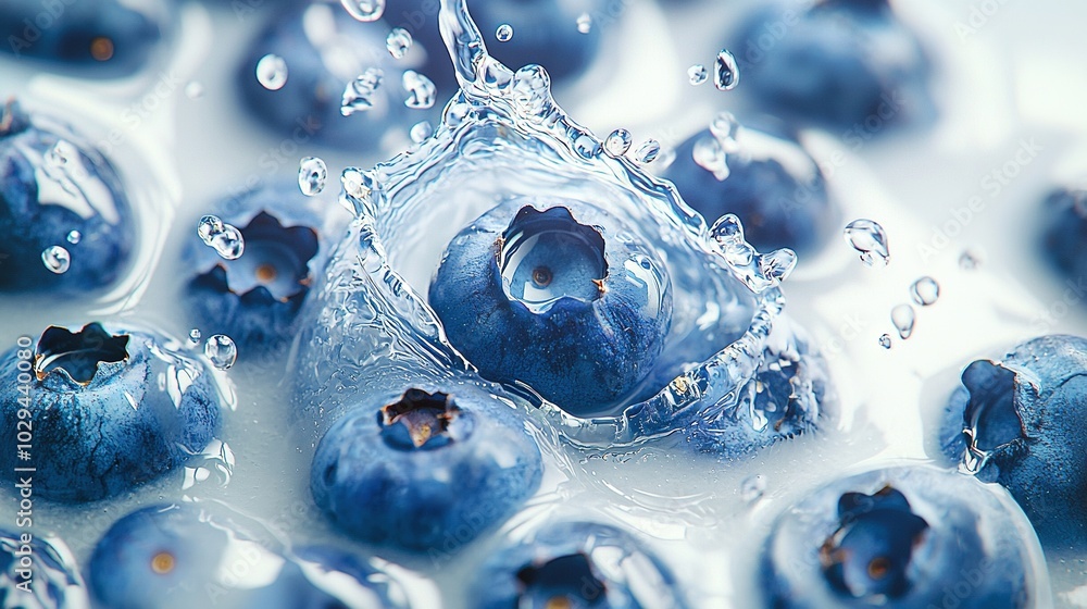 A macro of blueberries submerged in water, adorned with droplets atop and below A macro of blueberries submerged in water, adorned with droplets atop and below