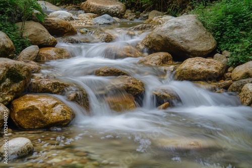 A serene mountain stream with pure water flowing over smooth stones surrounded by lush greenery.