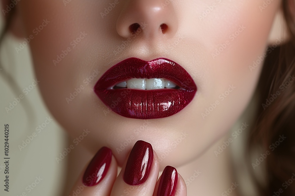 Naklejka premium Close-up of glossy deep burgundy lips and matching glossy nails on a woman’s hand against a soft beige background, emphasizing bold and elegant beauty visuals with copy space for branding.