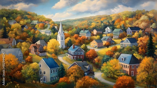 A vibrant painting of an idyllic American town, nestled in the rolling hills and surrounded by autumn foliage