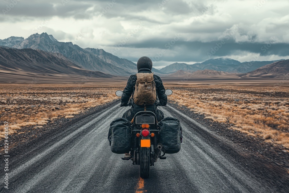 A rider on an adventure motorcycle equipped with side bags ...