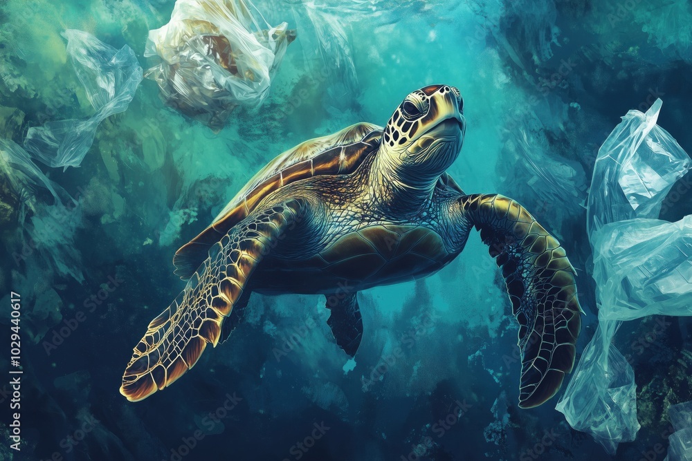 Fototapeta premium A turtle swimming underwater surrounded by plastic bags, highlighting ocean pollution.