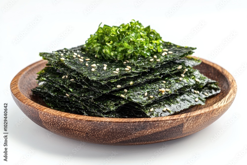 Crispy roasted nori seaweed topped with sesame seeds, presented on a wooden plate, isolated against a white background, showcasing a healthy and flavorful snack..