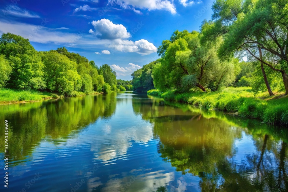 River bank surrounded by green nature, trees, and blue sky River bank surrounded by green nature, trees, and blue sky
