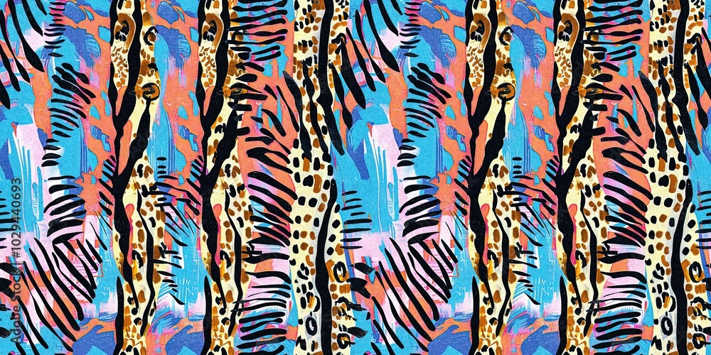 Fun girly camouflage border pattern in vibrant stripes and spotted seamless design . Modern skin banner texture patched effect for festival and beach wear style in ribbon repeat. Fun girly camouflage border pattern in vibrant stripes and spotted seamless design . Modern skin banner texture patched effect for festival and beach wear style in ribbon repeat.