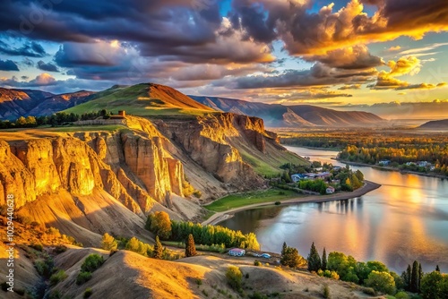 Scenic view of golden hour lighting up the bluff and cliffs at Cinnamon Ridge near Kamloops BC airport photo