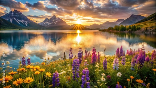Scenic view of spring wildflowers glowing in the sunset light by a mountain lake