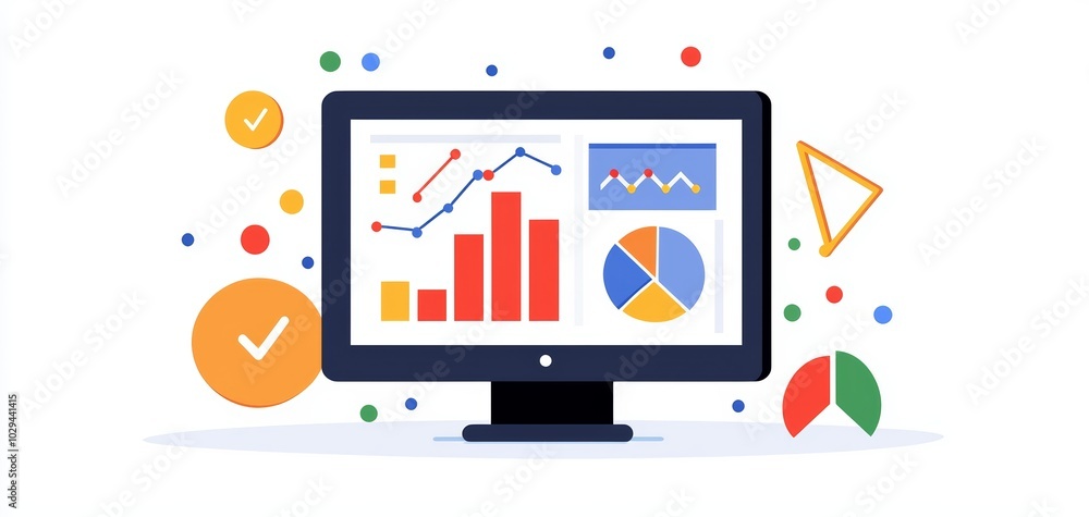 A digital marketing dashboard, analytics on screen, flat vector design, isolated on white background A digital marketing dashboard, analytics on screen, flat vector design, isolated on white background
